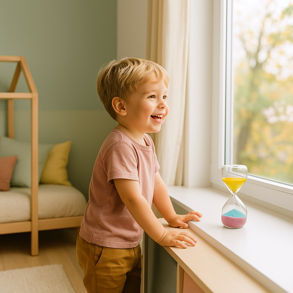 Petit garçon de 4 ans souriant devant une fenêtre, sablier coloré, apprentissage du temps façon Montessori dans une chambre pastel.