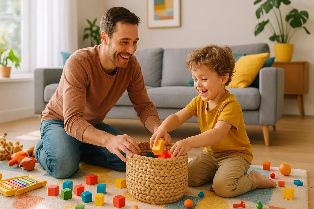 Parent et enfant qui rangent ensemble des jouets dans une ambiance joyeuse et lumineuse, illustrant l’importance des repères visuels pour encourager le bon comportement avec bienveillance.