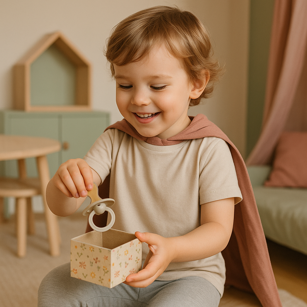 Enfant en cape dépose sa tétine dans une boîte stop tétine, sourire fier.