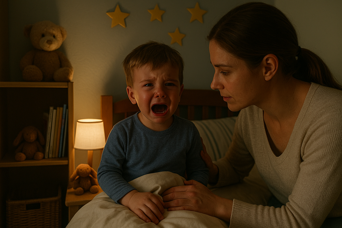 Enfant en pleine terreur nocturne la nuit, yeux ouverts et agité, situation fréquente entre 3 et 7 ans.