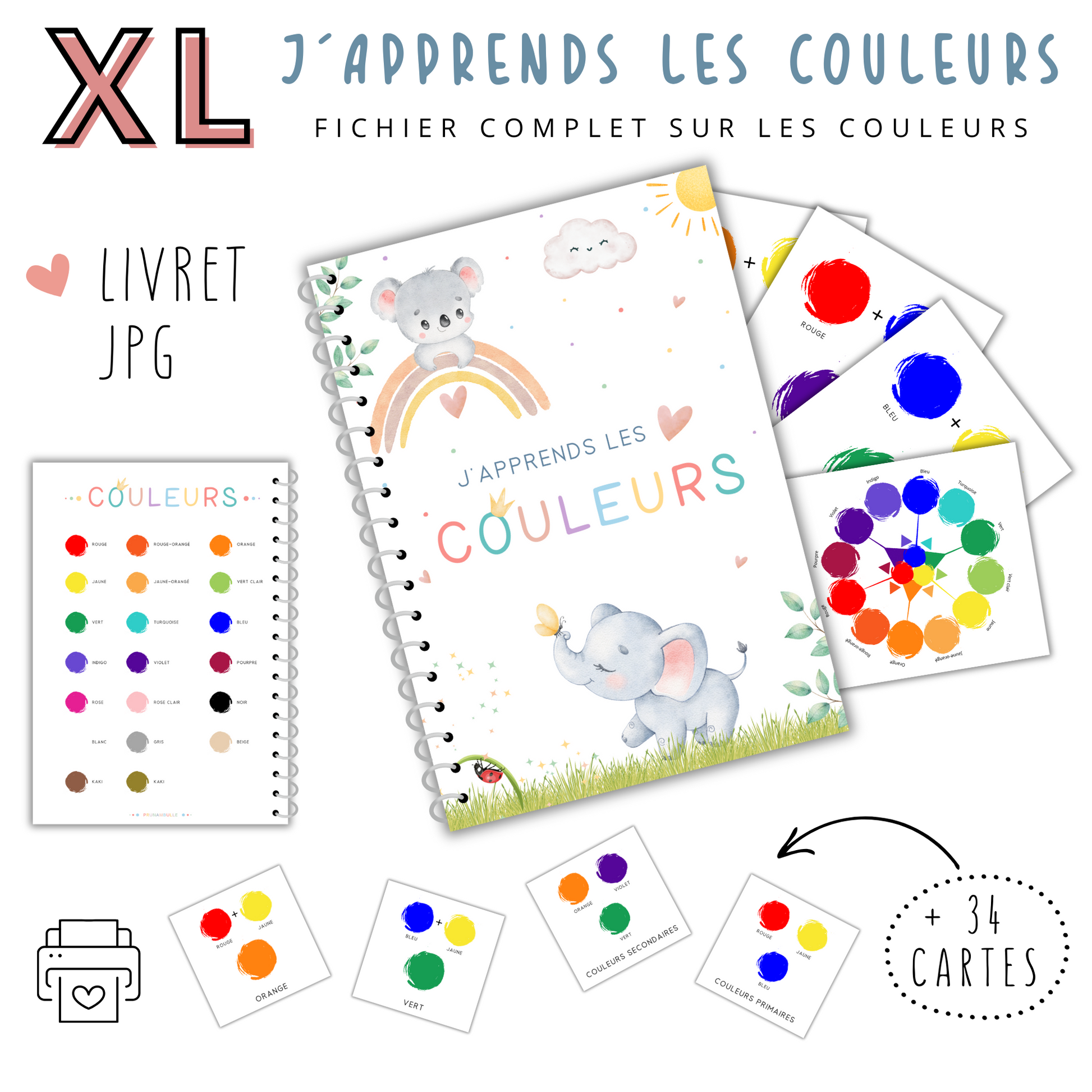 Kit à imprimer : 34 cartes flash des couleurs + livret pastel avec éléphants et coccinelles