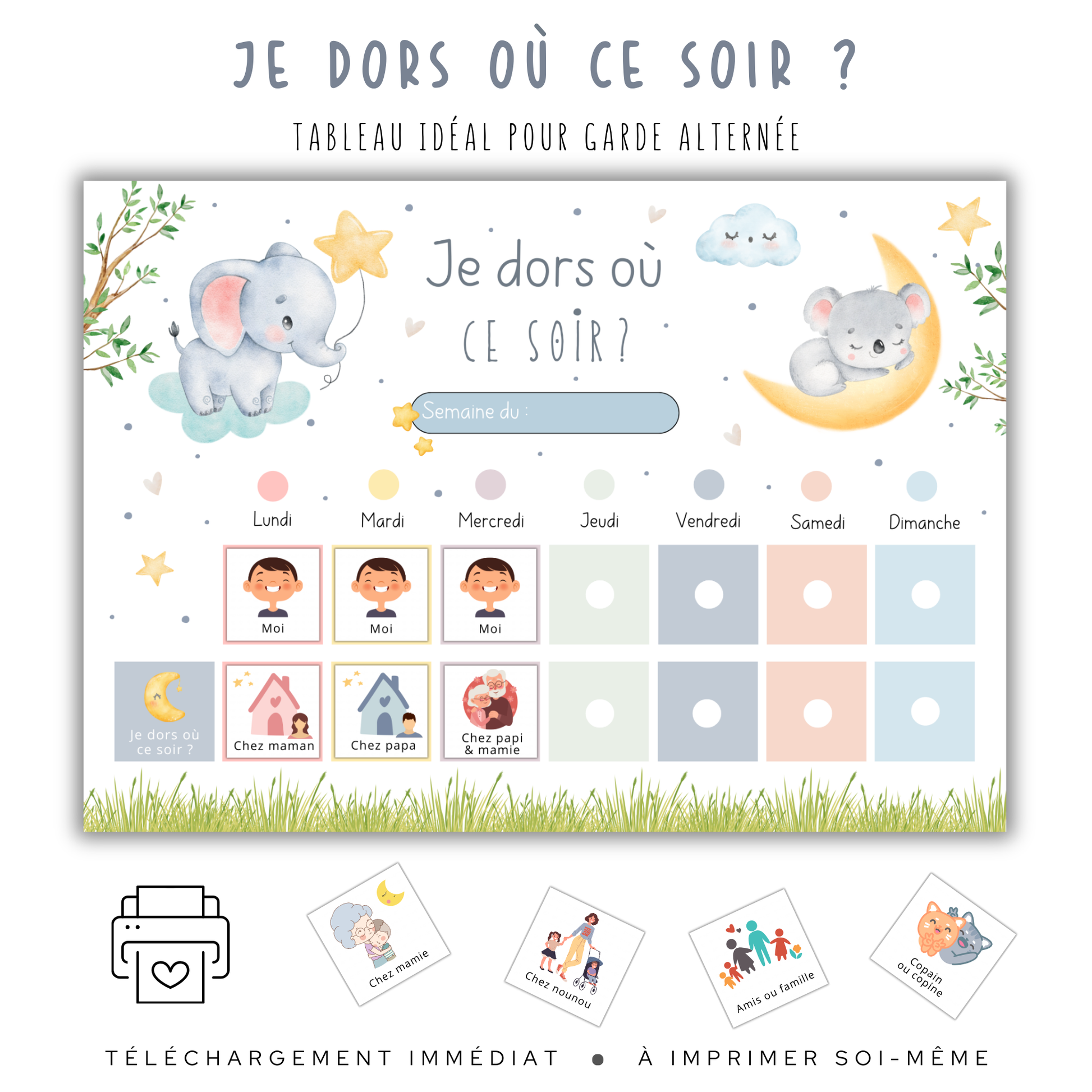Kit semainier garde alternée enfant, pictos pour le lieu de sommeil (chez papa, chez maman, etc.).