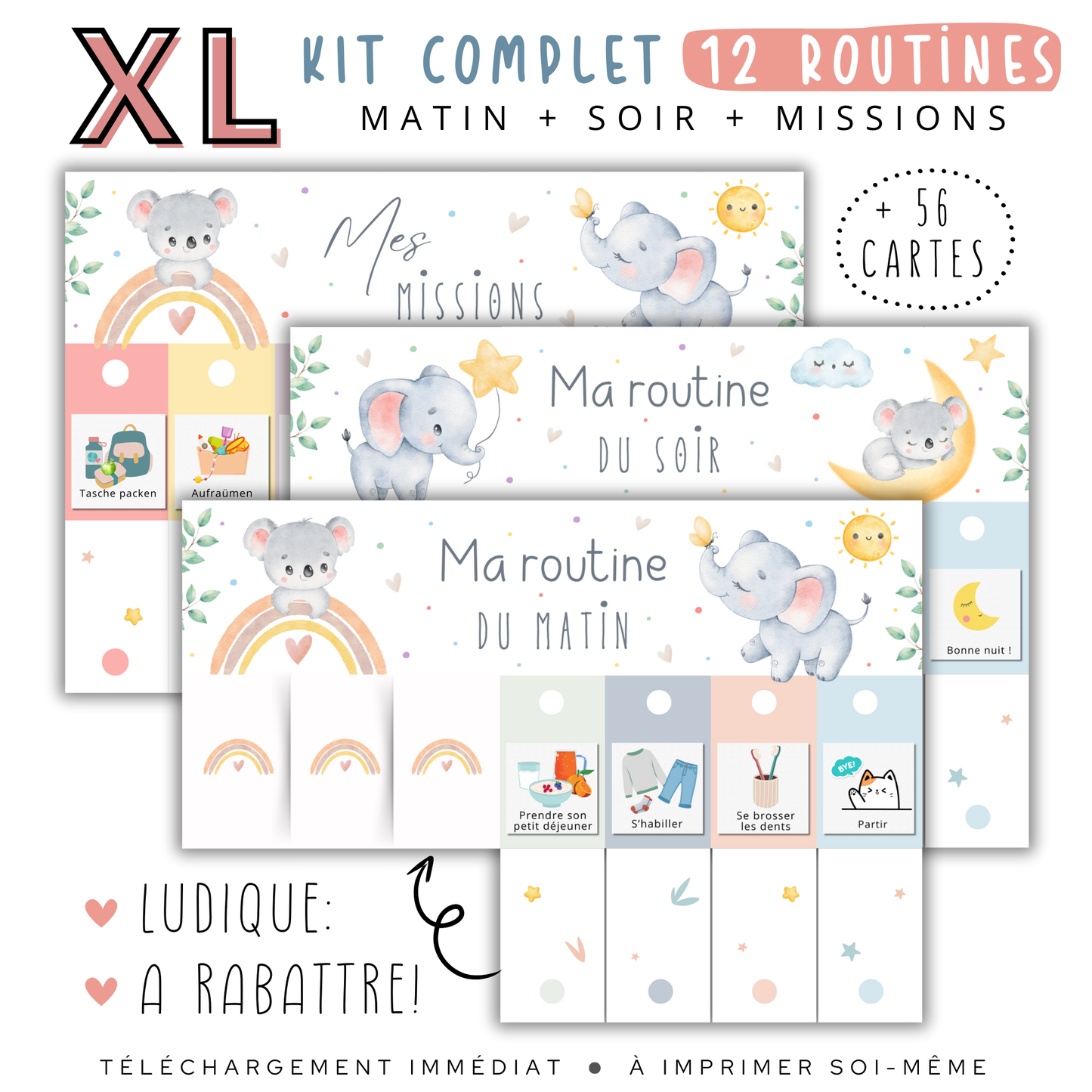 Tableau de routine quotidienne pour enfant, conçu pour les activités du matin, du soir et des missions à accomplir.