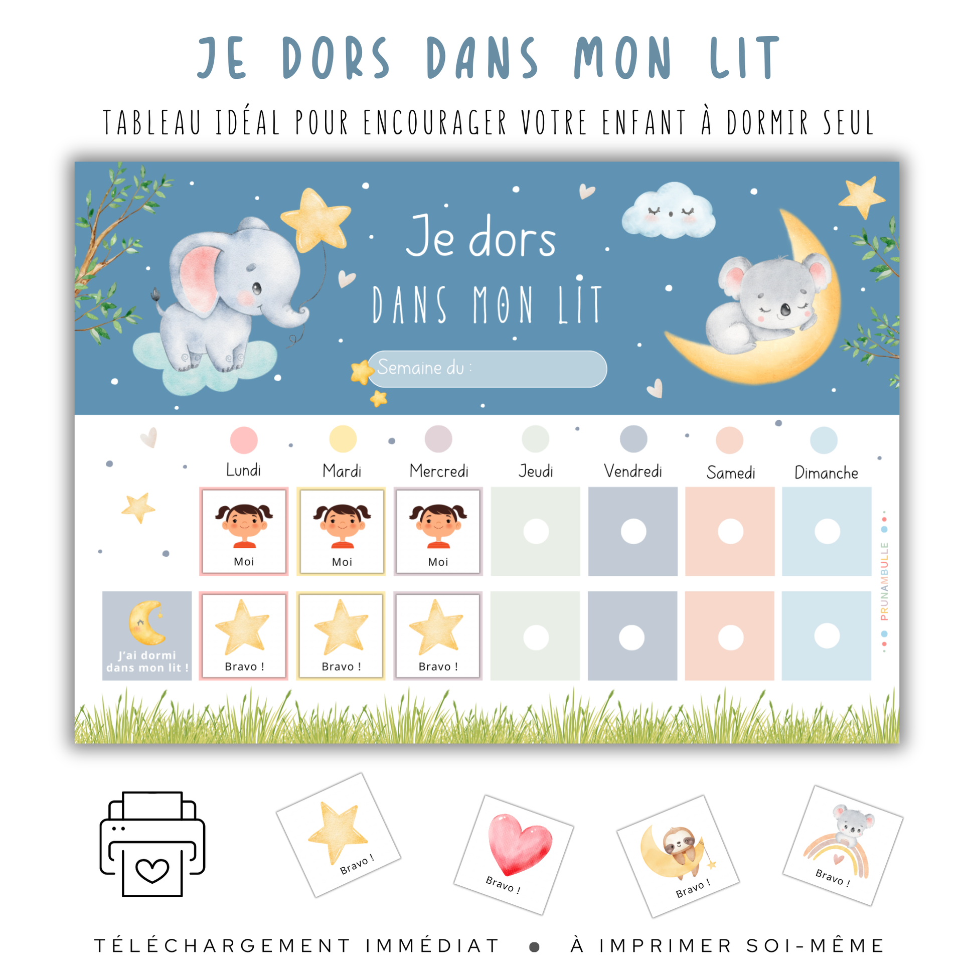 Kit pour aider ton enfant à dormir seul dans son lit : tableaux à imprimer et pictogrammes.