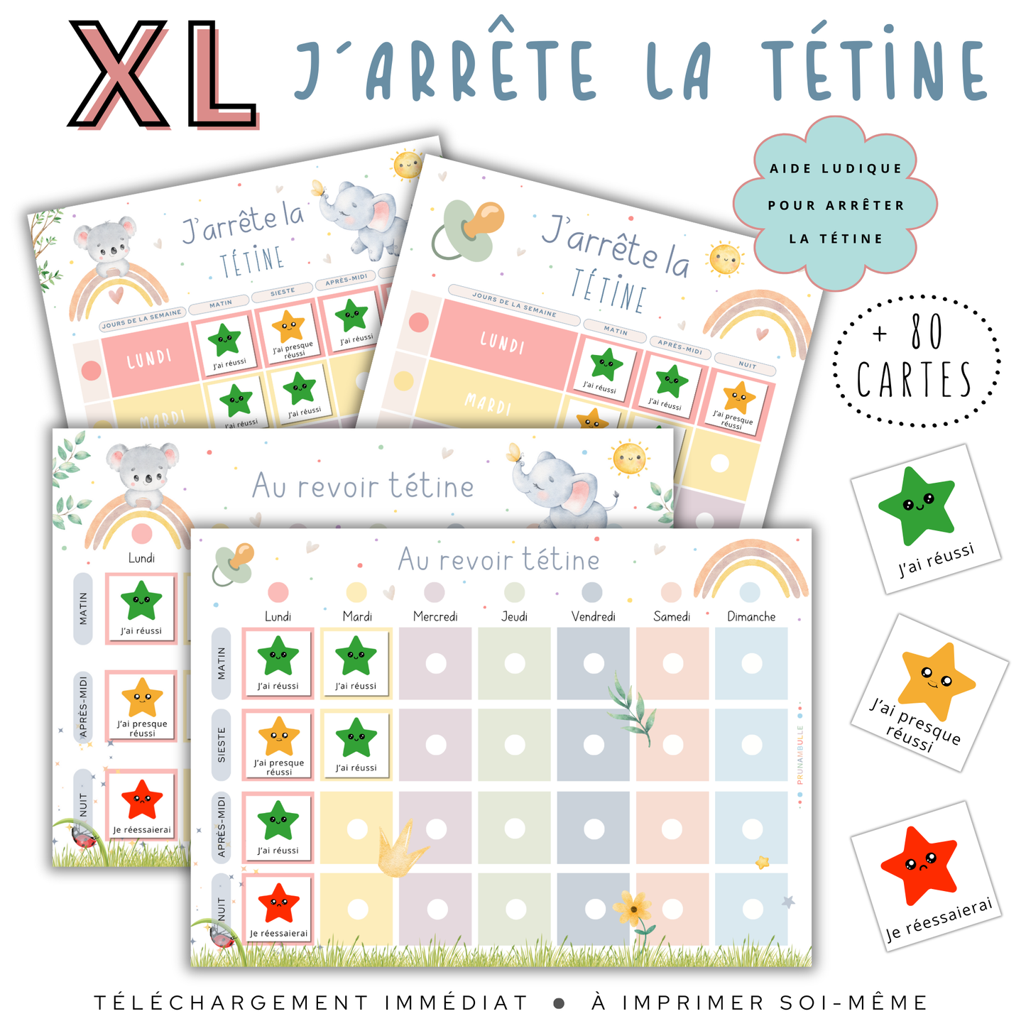 Kit de tableaux pour l'arrêt de la tétine avec étoiles d'encouragement pour chaque progrès.