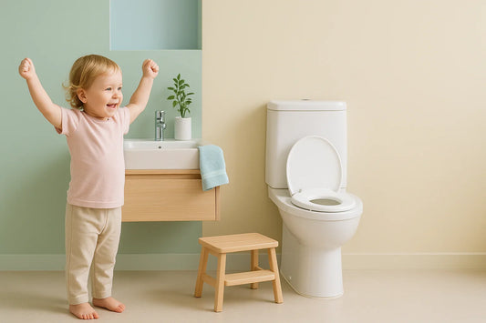 Enfant de 2-3 ans, souriant et bras levés en signe de victoire, dans une salle de bain pastel moderne avec marchepied et réducteur WC, illustrant l’apprentissage de la propreté.