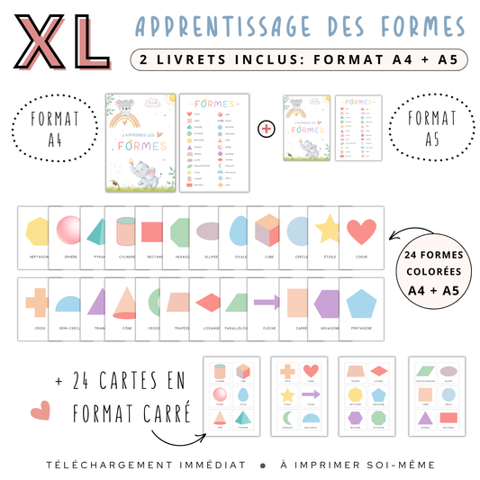 Kit de cartes flash pastel pour apprendre les formes géométriques. Comprend 24 cartes et un livret à imprimer pour les enfants.