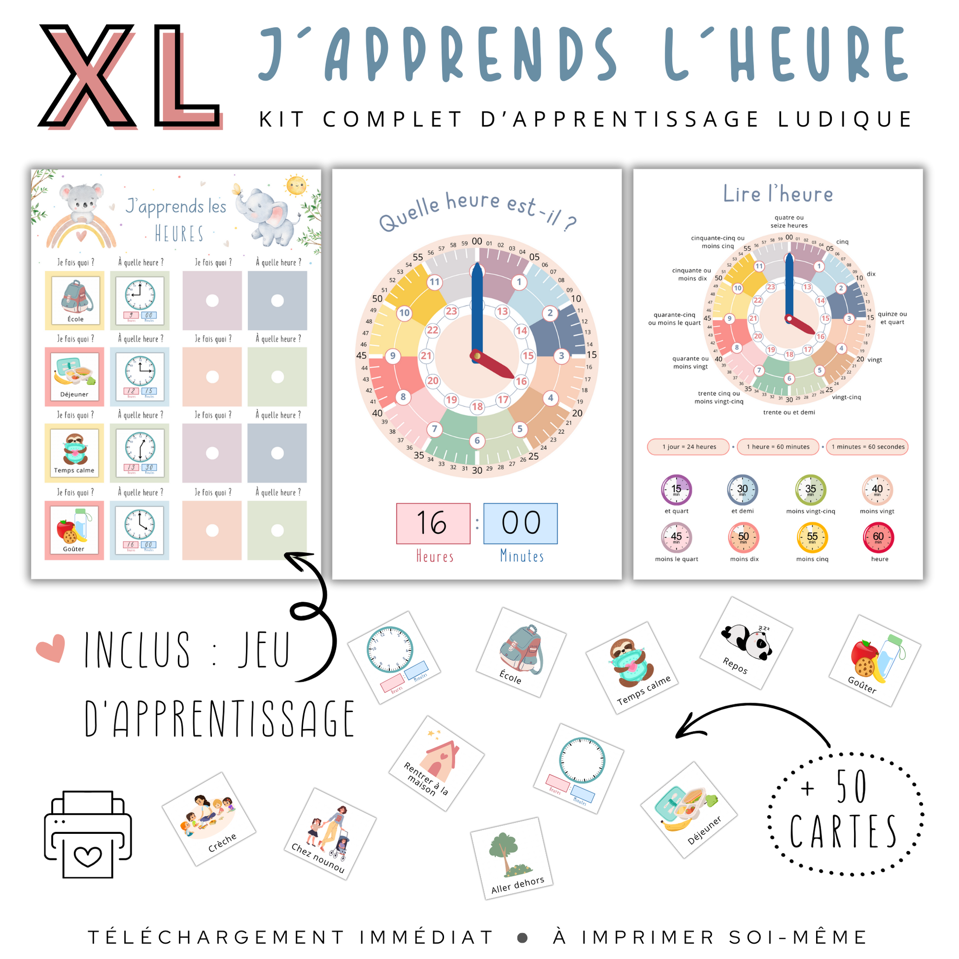 Kit Montessori : horloge pastel, affiche explicative et 50 vignettes ludiques pour associer jeu et apprentissage de l'heure.