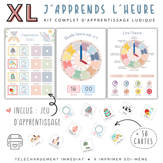 Kit Montessori : horloge pastel, affiche explicative et 50 vignettes ludiques pour associer jeu et apprentissage de l'heure.