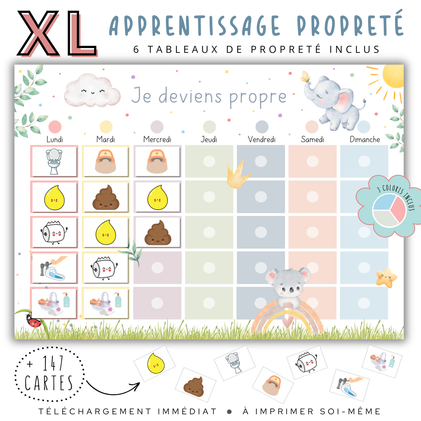 Tableau d'apprentissage de la propreté avec pictogrammes clairs : pipi, caca, toilettes, pot pour un apprentissage ludique.