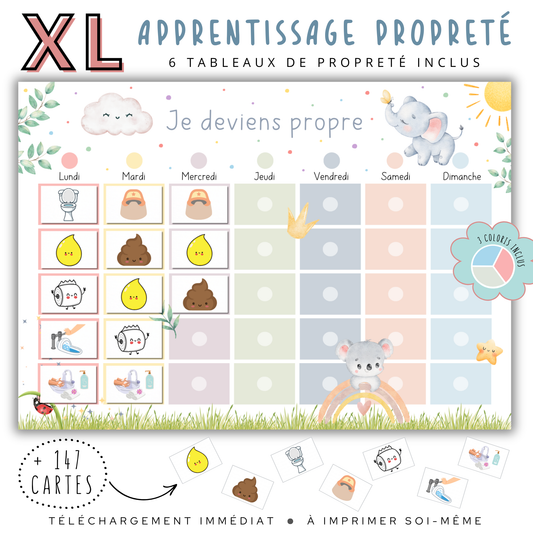 Tableau d'apprentissage de la propreté avec pictogrammes clairs : pipi, caca, toilettes, pot pour un apprentissage ludique.