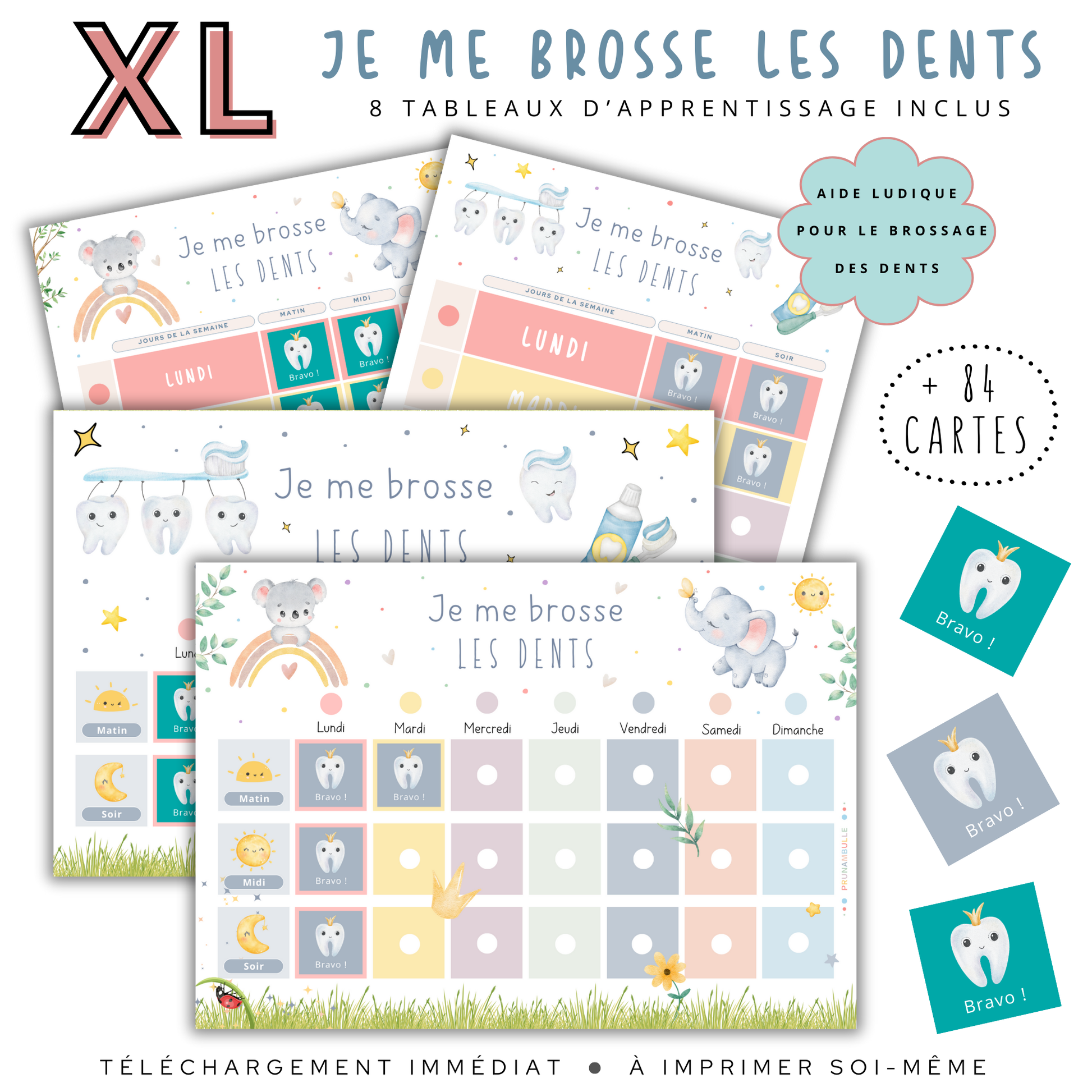 Kit de tableaux de brossage des dents pour enfant, avec illustrations ludiques et couleurs pastel.