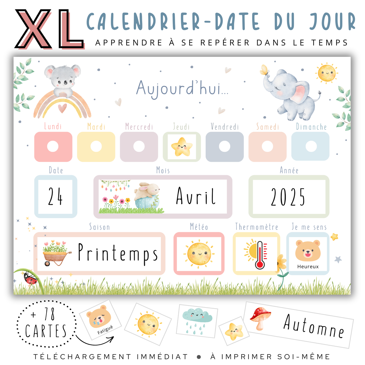 Calendrier perpetuel enfant permettant l'apprentissage de la date du jour, des saisons, de la meteo et des emotions.