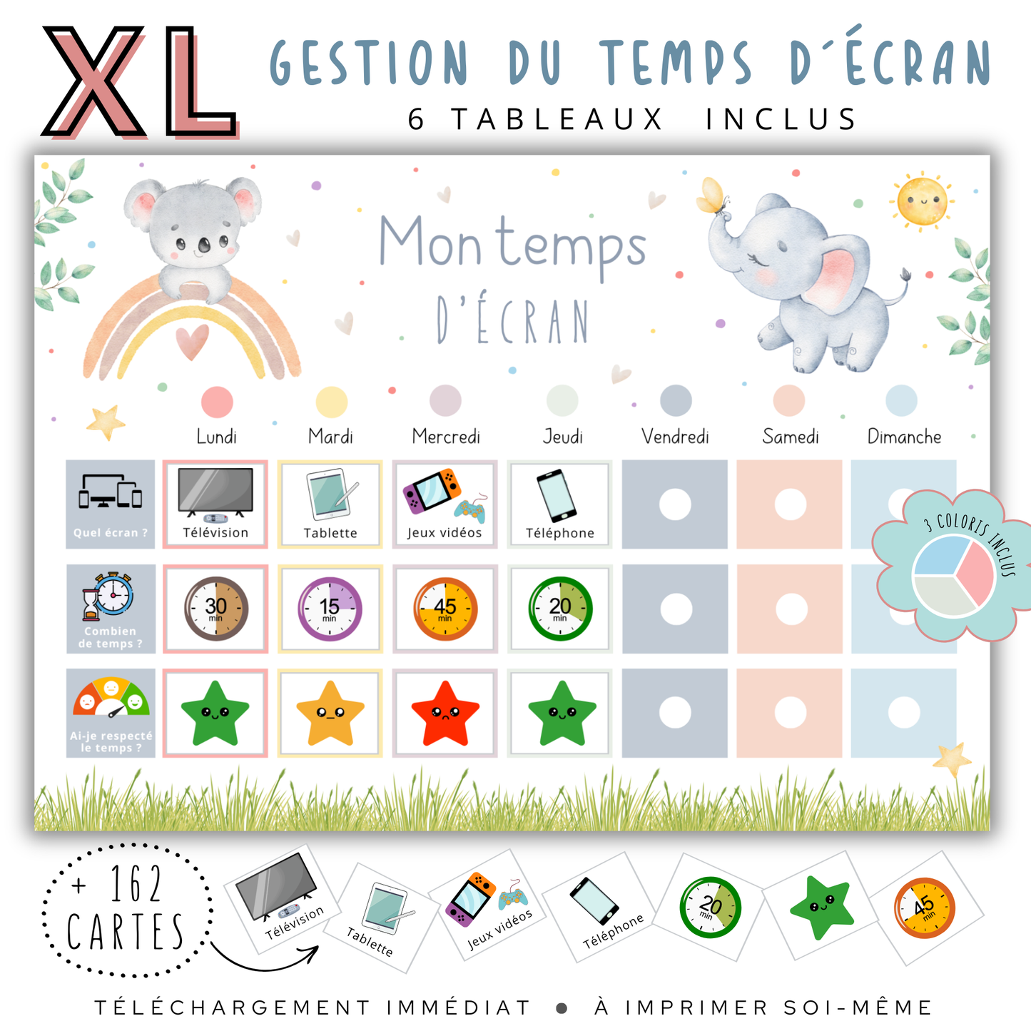 Tableau de gestion du temps d'écran au design coloré, idéal pour aider vos enfants à gérer leur écran au quotidien.