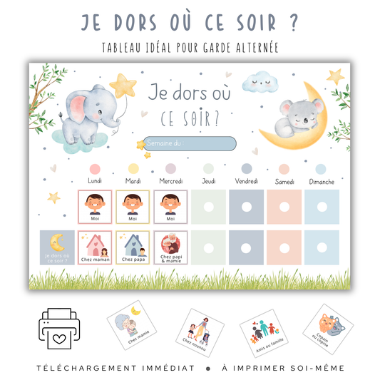 Kit semainier garde alternée enfant, pictos pour le lieu de sommeil (chez papa, chez maman, etc.).