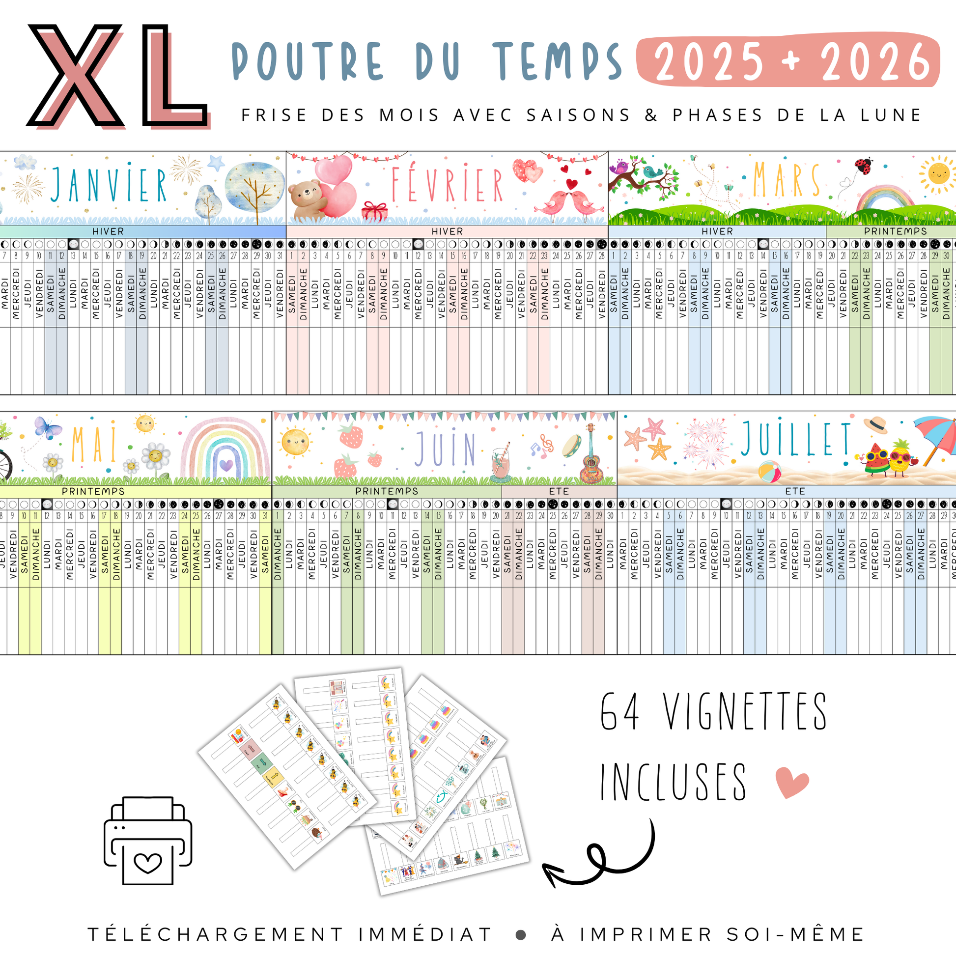 Poutre du Temps 2025-2026 : une frise linéaire divisée en 12 segments mensuels, illustrant les saisons avec des dessins attrayants, des espaces pour noter les événements spéciaux et des vignettes représentant des moments clés comme Noël et les anniversaires.