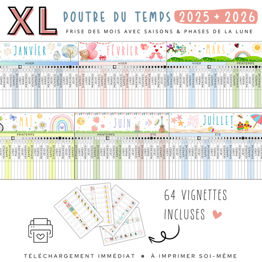 Poutre du Temps 2025-2026 : une frise linéaire divisée en 12 segments mensuels, illustrant les saisons avec des dessins attrayants, des espaces pour noter les événements spéciaux et des vignettes représentant des moments clés comme Noël et les anniversaires.