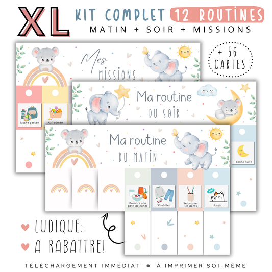 Tableau de routine quotidienne pour enfant, conçu pour les activités du matin, du soir et des missions à accomplir.