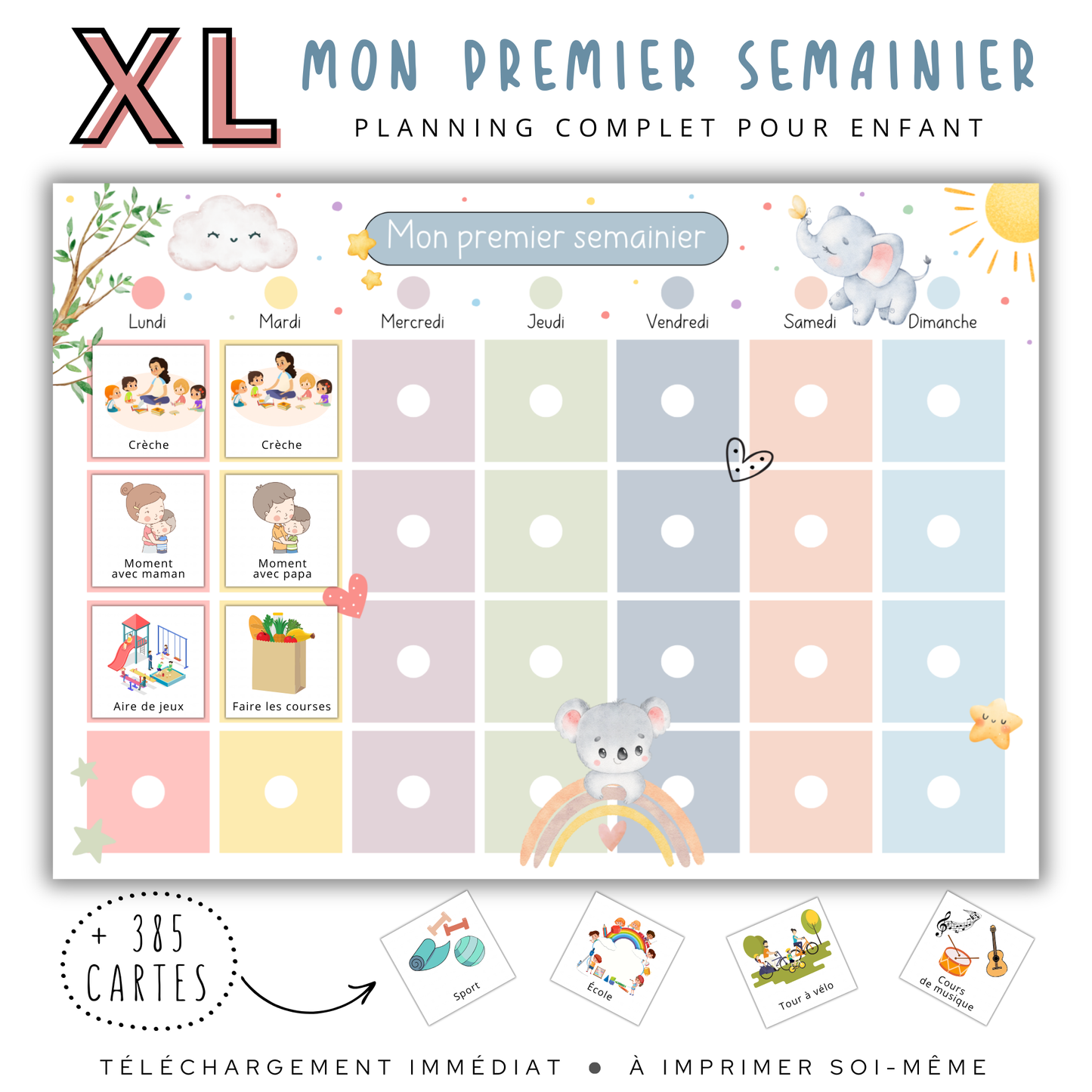 Semainier Ludique pour Enfants : quatre tableaux hebdomadaires personnalisables avec 385 vignettes illustrées pour faciliter la planification des activités familiales.