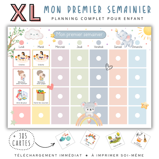 Semainier Ludique pour Enfants : quatre tableaux hebdomadaires personnalisables avec 385 vignettes illustrées pour faciliter la planification des activités familiales.