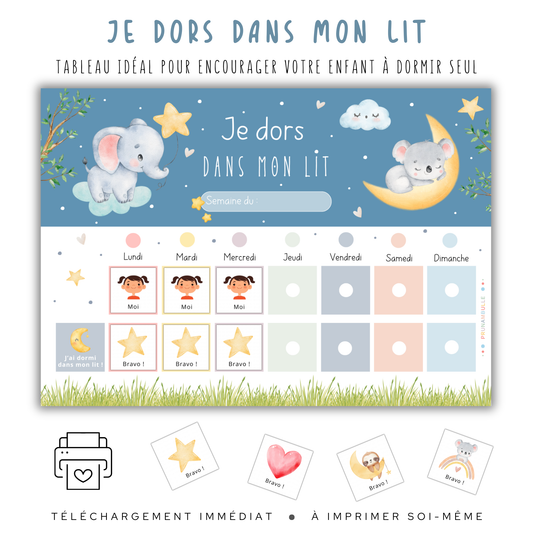 Kit pour aider ton enfant à dormir seul dans son lit : tableaux à imprimer et pictogrammes.